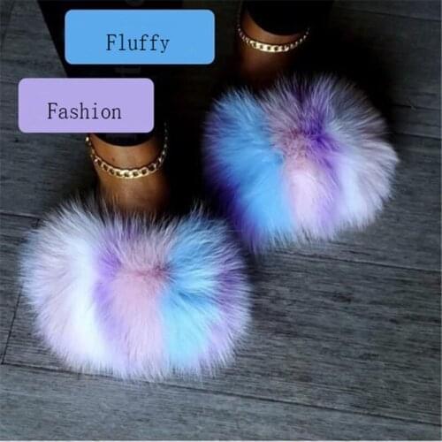 Women Summer Leisure Indoor Fur Slippers Flat Non-Slip Real Fox Fur Slippers Ladies Raccoon Fur Sandals Home Fluffy Sliders Hot