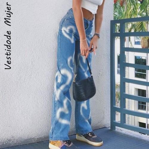 Love Graffiti Print Heart Y2K Jeans Pants Women Wide Leg Vintage Autumn Loose Casual High Waist Fashion Trousers Aesthetic Denim