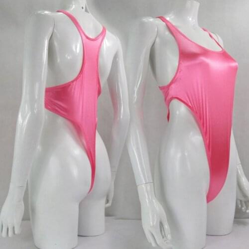 W428Y Womens Ladies Thong Bodysuit High Cut Racer Back Shiny Satin Knit Strechy Soft