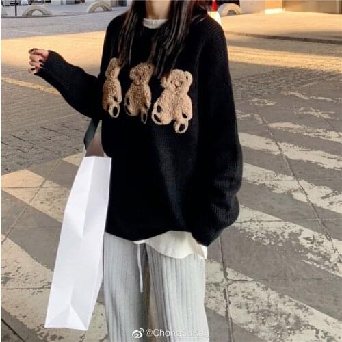 Kawaii embroidered bear cartoon pattern sweaters cute harajuku women round neck long sleeve sweater pullovers autumn new 2021