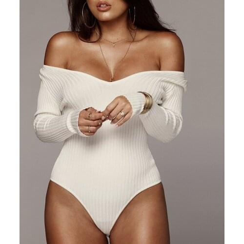 Womens Tops Off Shoulder Ribbed Knitted Sexy Bodysuit Women Black V Neck Autumn Rompers Ladies Jumpsuit Basic Playsuit White Red