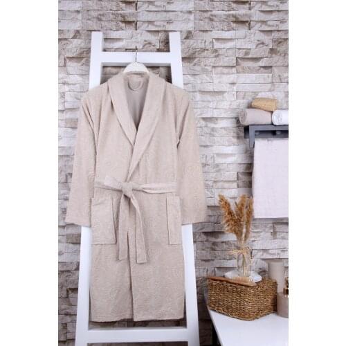Women Jacquard Beige Pink Unisex Velvet Shawl Dressing Gown