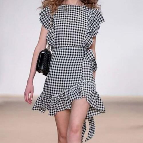Ladies Summer New Arrivals Black and White Plaid Dress 2021 Summer Sleeveless Irregular Ruffled Square Neck Bow Tie Mini Dress