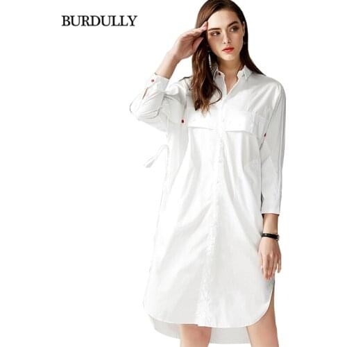 2019 Spring Summer dresses Casual Turn-down Collar Wrist Batwing Sleeve Office Lady Asymmetrical white dress high quality