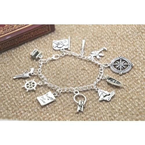 12pcs Pirates of the Caribbean Inspired Charm Bracelet Inspired Jewelry silver tone