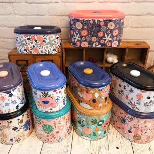 2pcs/set Oval Flowers Desktop Storage Box Large Capacity Kitchen Organizer Metal Box Snack Candy Coffee Tea Cans Container