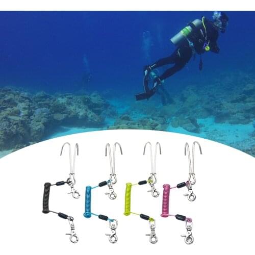 Scuba Diving Reef Hook Nylon Safe Line Quick-Release Spiral Coil Lanyard Double Dual for Cave Dive Water Sports