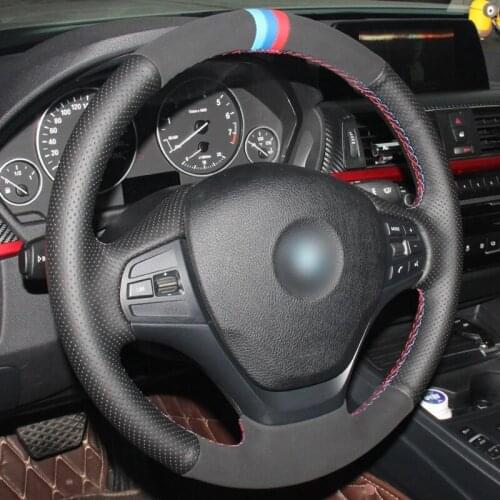 Car Steering Wheel Cover Hand-stitched Non-slip Black Suede Genuine Leather For BMW F20 F21 F22 F23 F30 F31 F34 316i 320i 328i