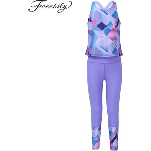 Girls Stretchy Sports Outfit Gymnastics Sportswear Printed Sleeveless Tank Top with Pants Yoga Sets Gym Workout Fitness Outfits