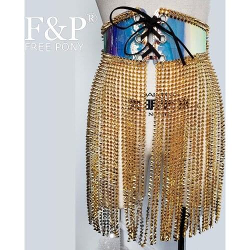 Burning Man Festival Holographic Cincher Spike Fringe Skirt Rave Bottom Carnival Costume Gogo Pole Dance Wear Clothing