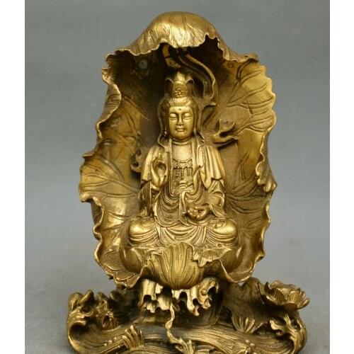 Chinese old bronze Buddhism lotus leaf Guanyin Kwan-yin Avalokitesvara statue
