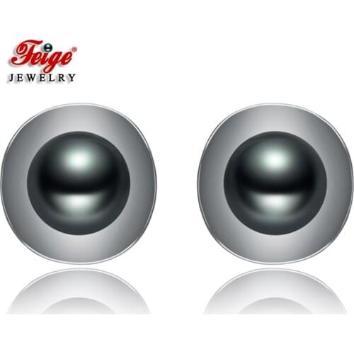 Round 925 Sterling Silver Black Freshwater Pearl Stud Earrings for Woman Pearl Jewelry Gifts FEIGE