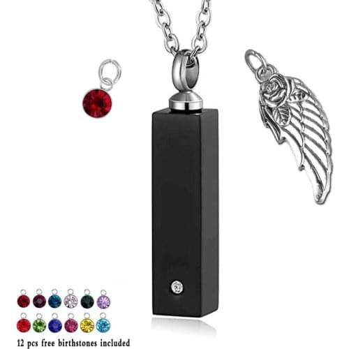Angel Wing with 12 Piece Birthstone Pendant Charm Bar Memorial Urn Necklace Cremation Ashes Jewelry Keepsake (Black)