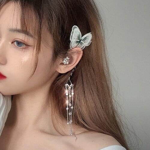 Mwsonya Korean Embroidery Butterfly Pendant Earrings for Women Pearl Tassel Arc Ear Hanging Clip No Piercing Ear Cuff Jewelry