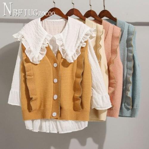 2020 New Korean Women Sets Peter Pan Collar Blouse And Knitting Vests Female Sets