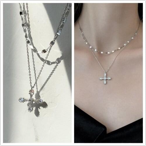 100% Silver 925 Necklace Girls Double Layer Choker Accessories New Arrival Lady Crystal Cross Pendant Necklace Women Jewelry Hot
