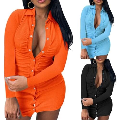 Hirigin New Women’s Casual Long Sleeve Skinny Dress Sexy Deep V Neck Solid Color Pleated Single-breasted Short Skirt Clothing