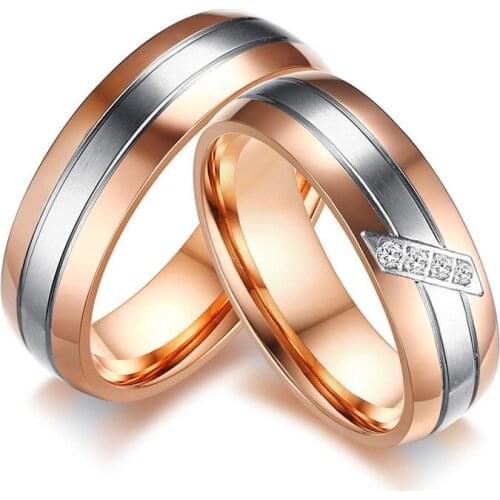 Lovers Engagement Ring Rose Gold Color Stainless Steel Couple Wedding Bands CZ Stone Ring for Women Men Promise Jewelry