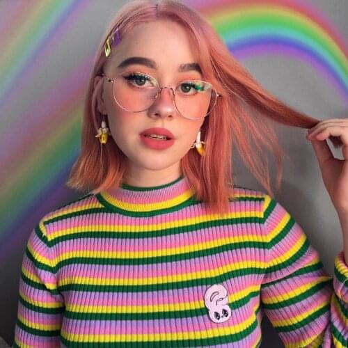 Autumn and winter new knitted sweater womens high neck rabbit embroidery color matching stripe core spun yarn sweet bottom