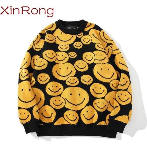 Couple fashion smiley face jacquard sweater for men and women loose knit sweater lazy wind pullover cartoon trendy brand sweater