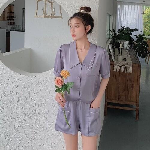 Womens Lapel Embroidered Pajamas Short Sleeve Shorts Pajama Set Satin Two Piece Sleepwear Summer Lounge Wear Loose Home Clothes