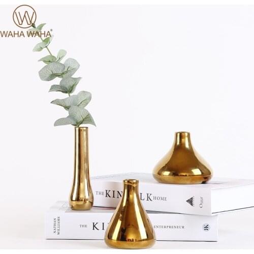 Nordic Gold Plated Handicraft Ceramic Vase Model Room Living Room Bedroom Geometric Abstract Decoration Ornament Household Vase