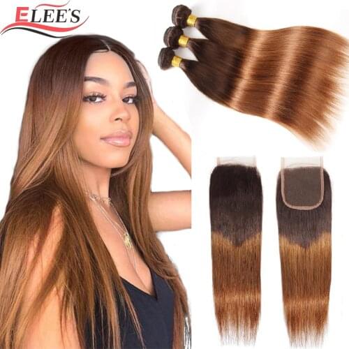 Ombre Bundles With Closure Brazilian Straight Human Hair Weave Bundles With T Lace Closure 4/30 Colored Remy Hair Extension