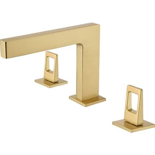 Luxury Brushed gold Brass Bathroom sink faucet 3 hole 2 handle Top Quality Copper Fashion design Artistic Bath mixer Faucet