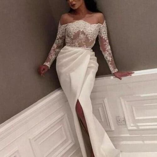 SuperKimJo Lace Applique Mermaid Evening Dresses Long Sleeve Beaded Elegant White Evening Gown Formal Dress Robe De Soiree
