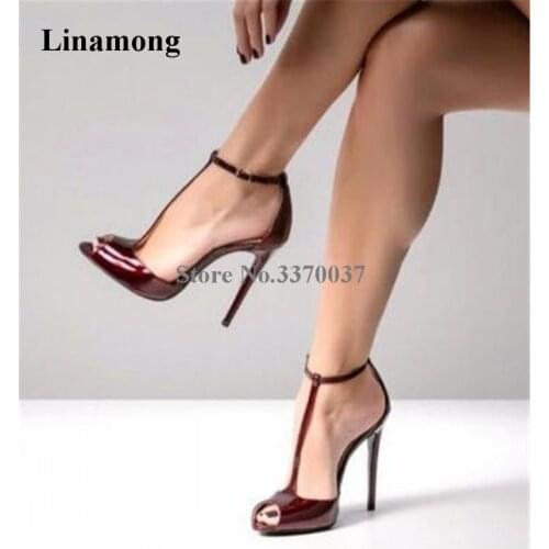 Spring New Fashion Women Peep Toe Patent Leather Stiletto Heel Pumps Wine Red Ankle Strap High Heels Formal Dress Shoes