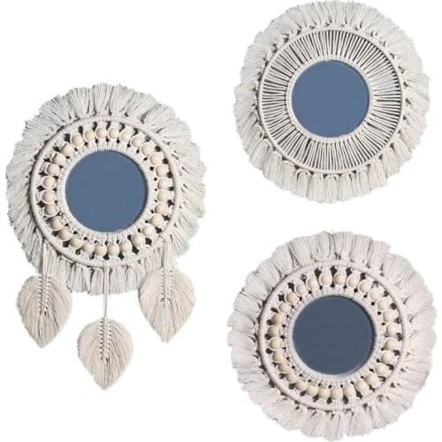 Nordic Bohemian Handmade Woven Hanging Wall Mirror with Macrame Fringe Tassel Braided Cotton Rope Antique Mirror Tapestry