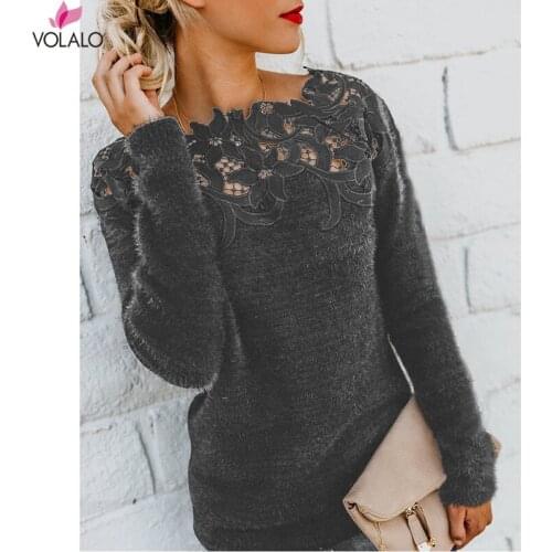 VOLALO Sexy Black Lace Women Hollow Sweaters Long Sleeve Pullover Tops Sweater Ladies O Neck Jumper Hollow Out Knitwear