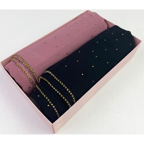 Women Plain Bubble Chiffon Scarf Wrap Shinny Cup Chain With Rhinestones Shawl Headband Muslim Hijabs with Box Foulard Femme