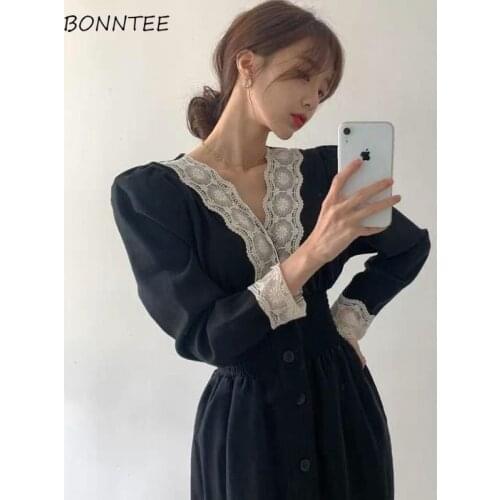 Long Sleeve Dress Women Hepburn French Style Elegant Classy Aesthetic Mujer 2020 Newest Popular Lace Patchwork V-Neck Black Chic