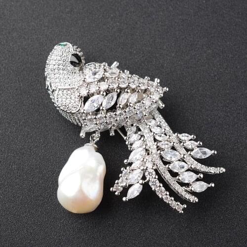 1pc 32*65mm White Keshi Pearl golden plated Cubic Zirconia micro bird brooch /pin