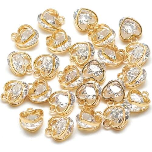 Pandahall 10pcs Brass Cubic Zirconia Charms Shining Heart Pendants for Necklace Jewelry DIY Making Accessories 8x7x5mm