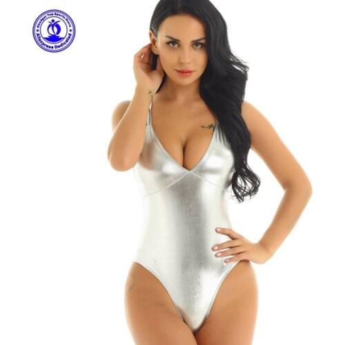 2021 Shiny One Piece Bodysuit Women Sexy Erotic Clubwear Costumes String Halter Beachwear Bathing Suit Swimwear Swimsuit