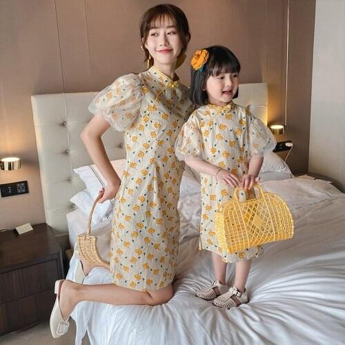 2021 Summer Mother and Daughter Parent-Child Wear Girl Round Neck Short Sleeve Flower Cheongsam Family Matching Outfits Children