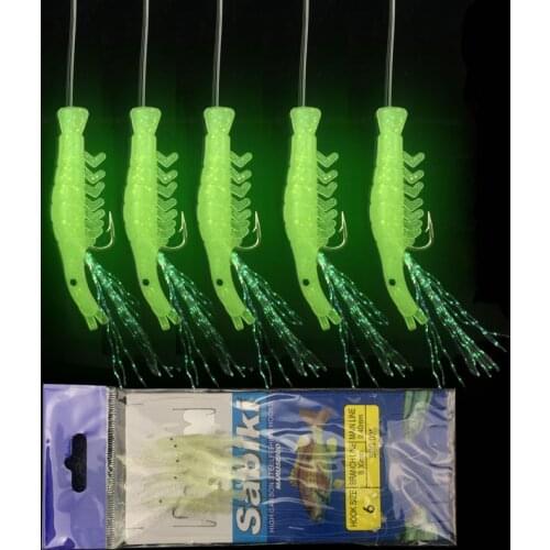 Bimoo 5pcs/set Luminous Shrimp Hook Fishing Lure Sabiki Rigs with 5 Hooks Sea Fishing Flasher Bait Rigs Soft Lure Fishing Hooks