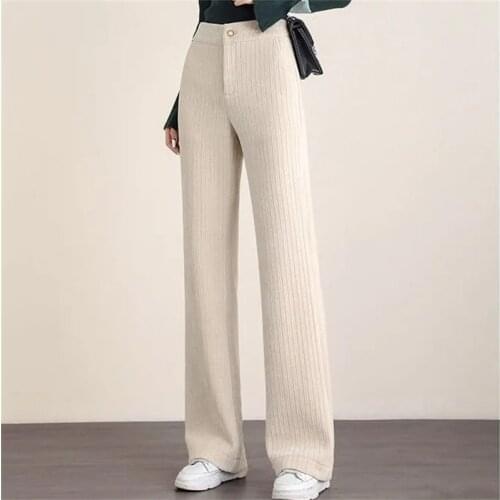 Spring Autumn Casual Corduroy Trousers Women Elegant Office Lady High Waist Wide Leg Pant Classic Beige Pearl Button Zipper Pant
