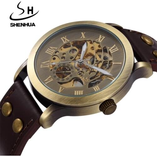 Shenhua Men Watches Fashion Vintage Bronze Automatic Mechanical Skeleton Wrist Watches Mens Mechanical Watch Relogio Masculino