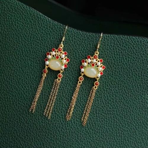 Dao Ma Dan Peking Opera Face Earrings Ancient Chinese Style Earrings Sterling Silver Tassel Earrings Natural Hetian JadeEarrings