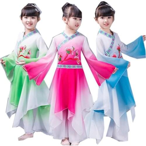 Children Classical Dance Costumes Girls Umbrella Dance Fan Yangko Dance Jasmine Folk Dance Dress 2 Piece Set