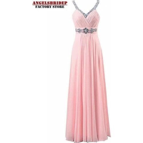 Angelsbridep Long V-Neck Chiffon Prom Dresses 2021 Bead Formal Evening Party Gown Sukienki Koktajlowe Vestido De Gala Lace-up