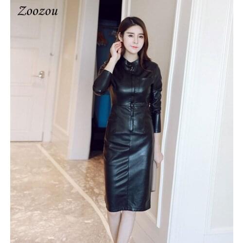 Elegant Slim PU Leather Women Dress Winter Long Sleeve Faux Leather Warm Knee Length Dress 2020 Office Lady Black Bodycon Dress