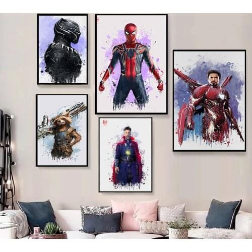 Marvel Avengers Canva Painting Watercolor Iron Man Spiderman Poster Print Anime Wall Art Pictures Children Room Home Decor Mural