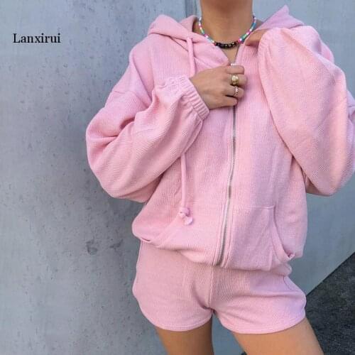 Fashion Sexy Corduroy Long Sleeve Hooded Zipper Hoodie Shorts Set Solid Color 2 Piece Set Women Moto Biker Suits