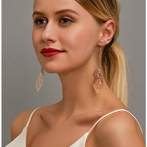 Modyle 2020 Hot Hollow Metal Leaves Dangling Long Statement Drop Earrings For Women Ladies Jewelry Fashion wedding party Gift