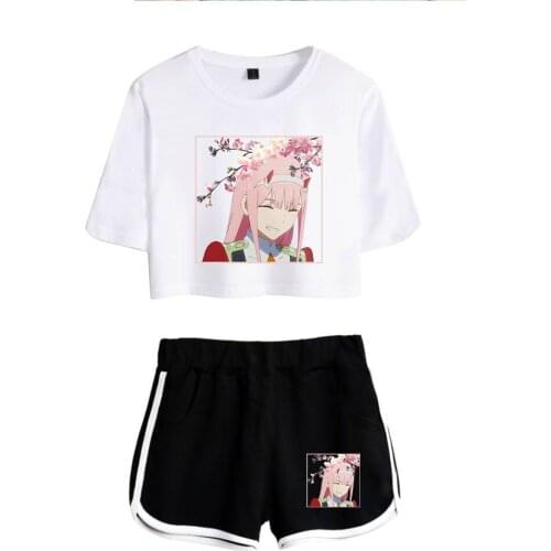 Fashion Animation DARLING in the FRANXX White Exposed Navel T-shirt+Black shorts womens two-piece sets Summer Girls Cool Sets