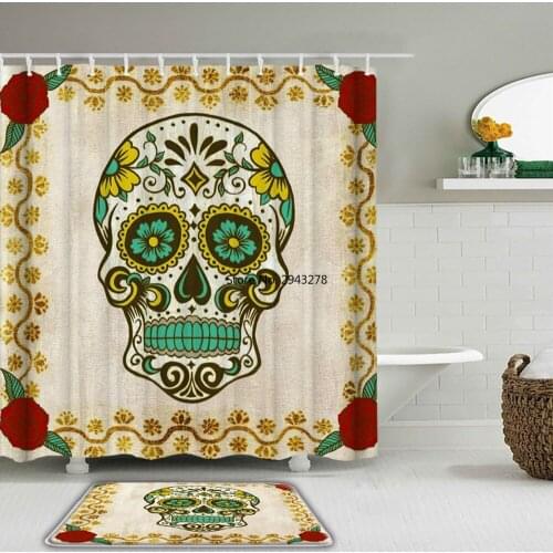 Funny Skull Skeleton Print Shower Curtains Set Halloween Festival Decor Non-slip Bath Mat Rug Toilet Flannel Bathroom Carpet